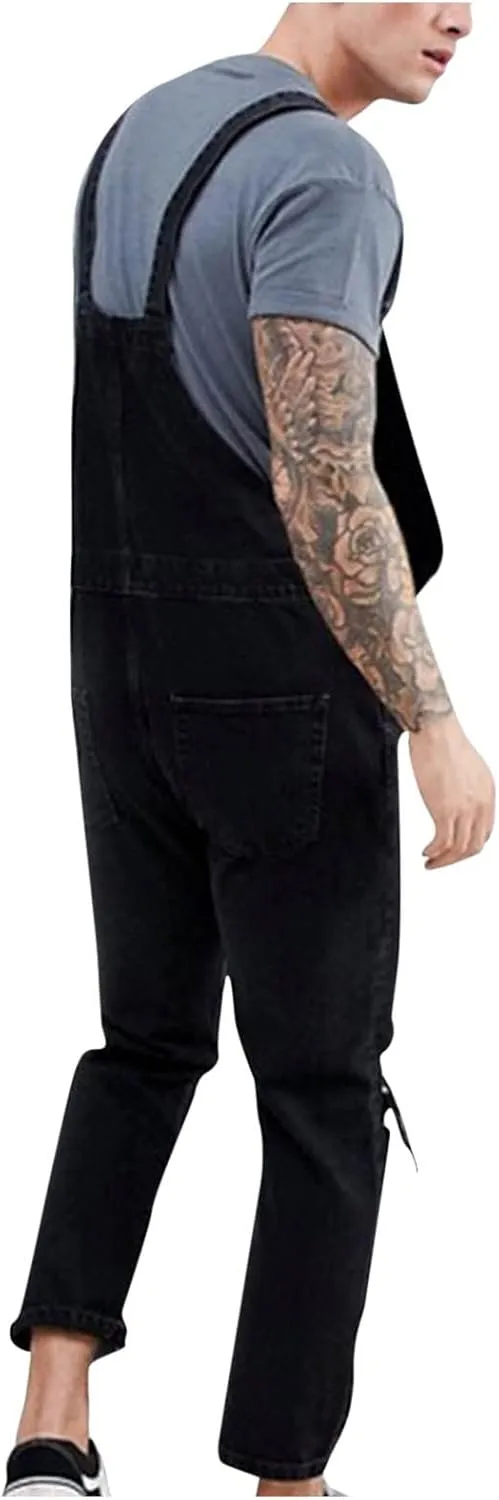 Jumpsuit Work Bibs Mens Overalls L Ripped Distressed Jean Fashion flood solution subsequent Casual Adjustable Strap Loose Fit Hippie 