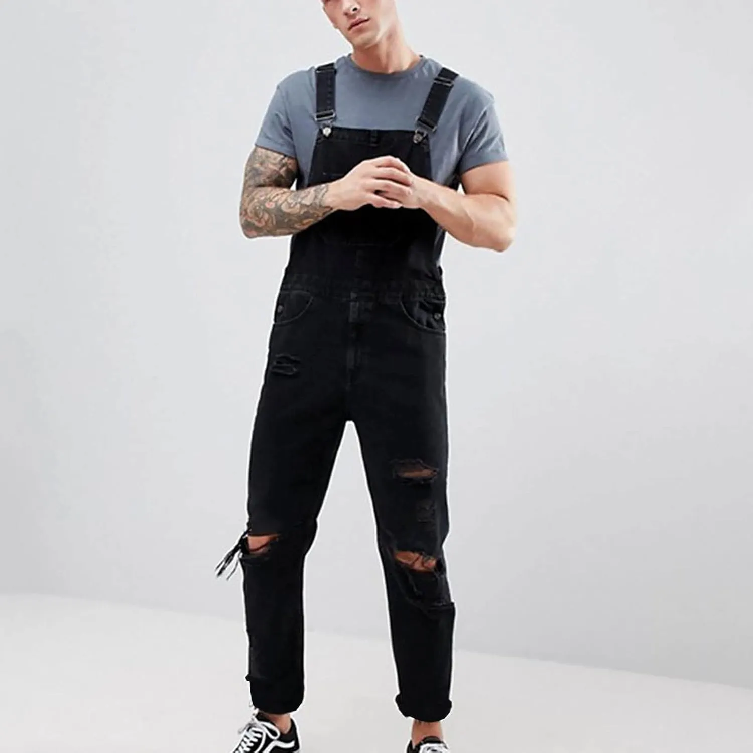 Jumpsuit Work Bibs Mens Overalls L Ripped Distressed Jean Fashion flood solution subsequent Casual Adjustable Strap Loose Fit Hippie 