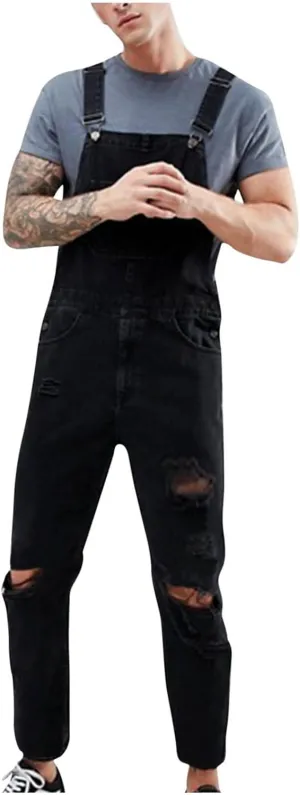 Jumpsuit Work Bibs Mens Overalls L Ripped Distressed Jean Fashion flood solution subsequent Casual Adjustable Strap Loose Fit Hippie 