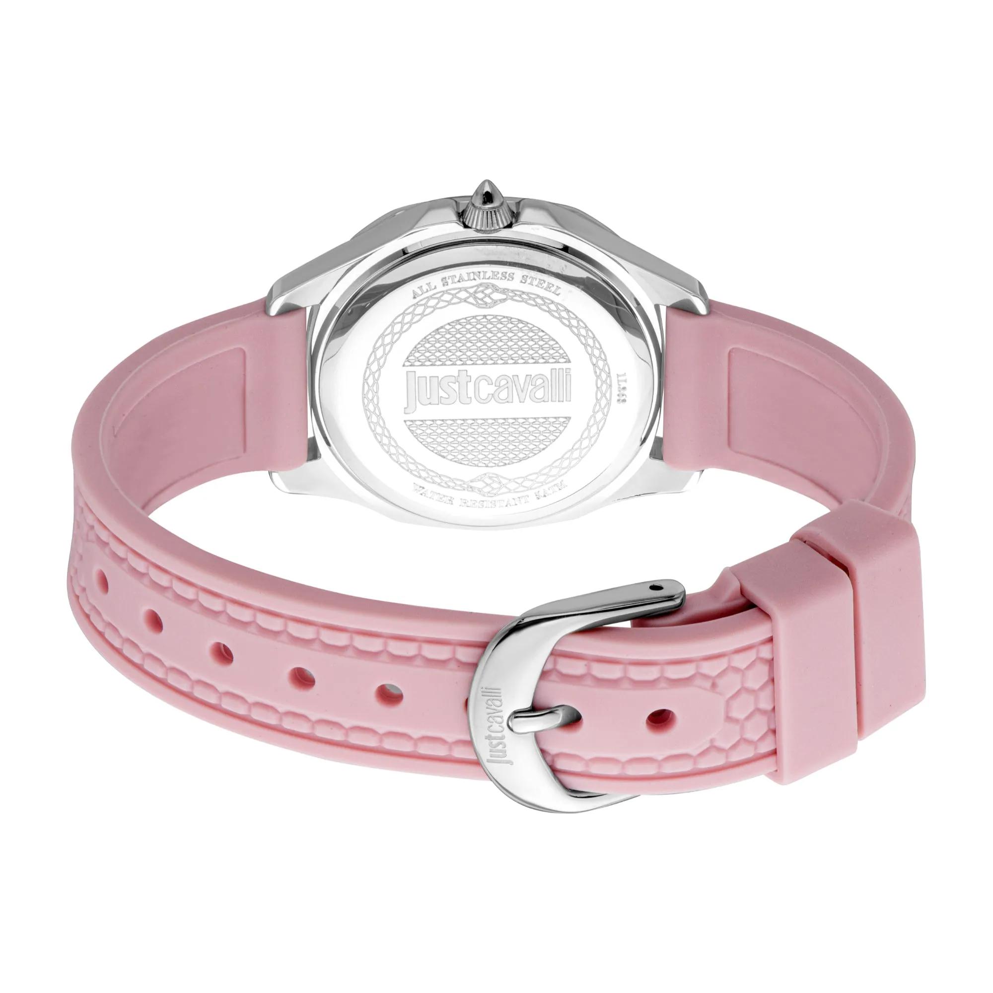 Just Cavalli Women's Silver Color Watch with Light Pink Dial and Silicone Strap