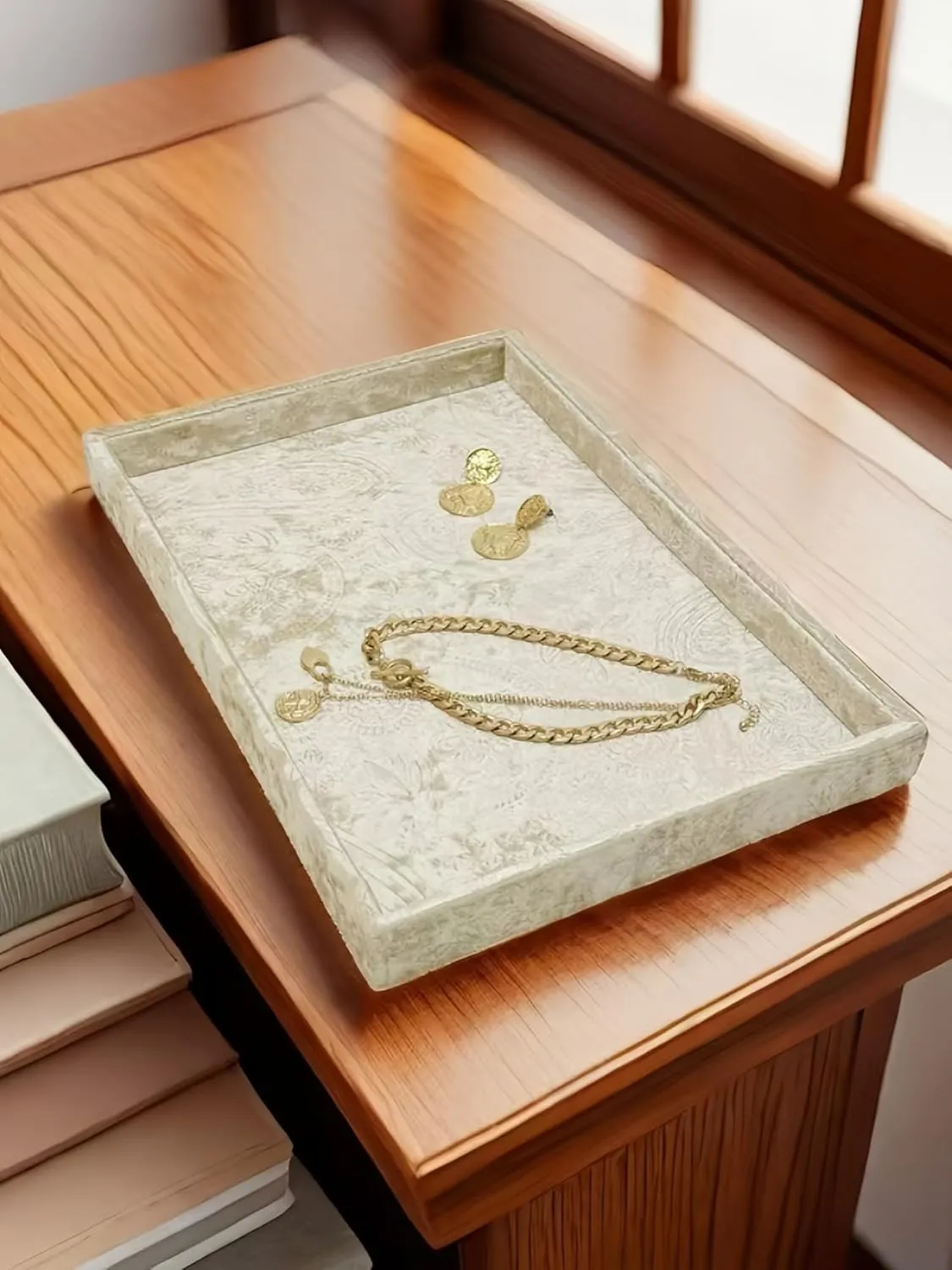 Keys.Luxury Extra Velour. (Embossging Beige Gold) Luxurious prodigious acidity Decorative Jewelry Tray,Commodity Display Board,Bedside Storage Tray for Eyeglasses Phone Watch Bracelet Earring 