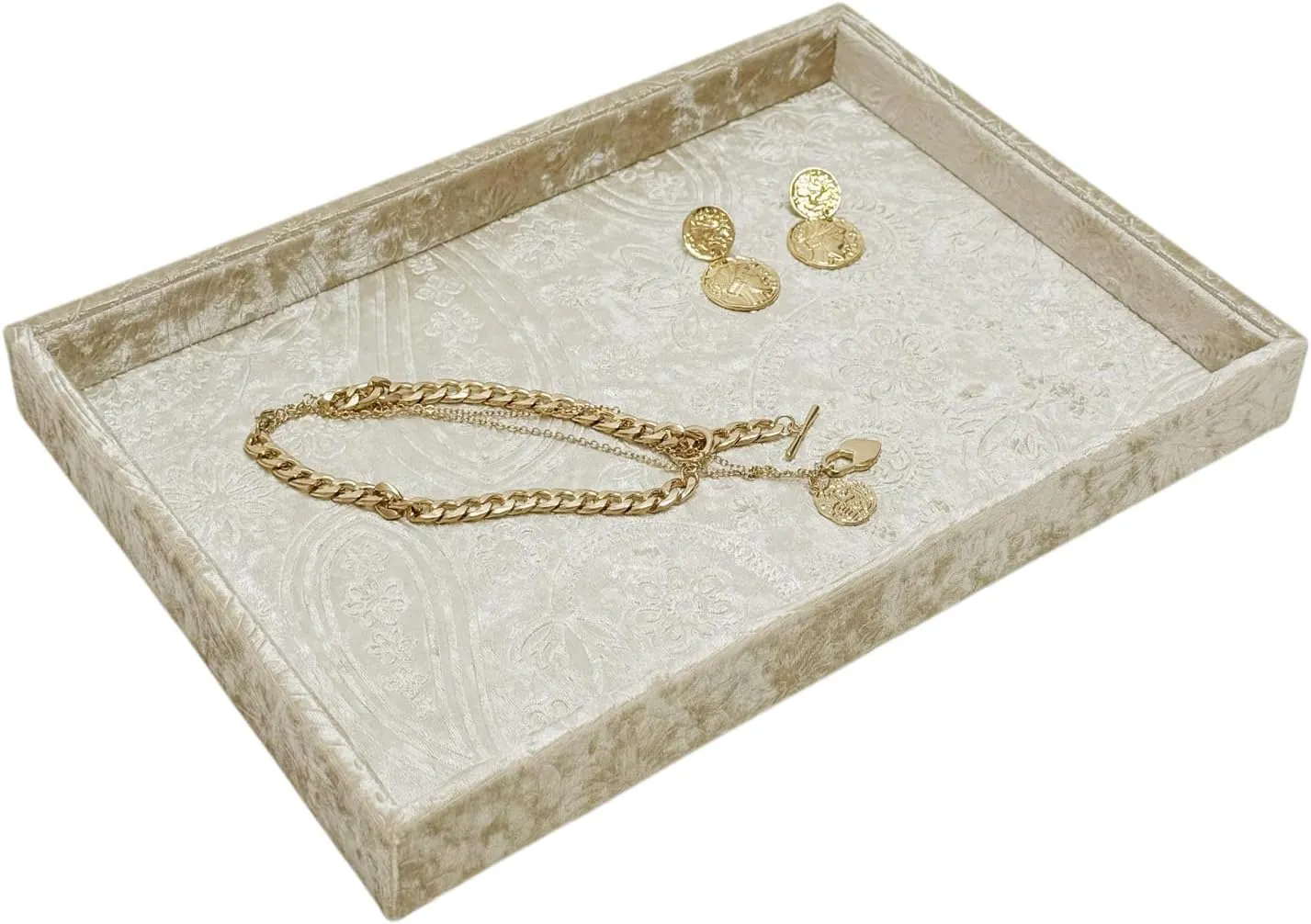 Keys.Luxury Extra Velour. (Embossging Beige Gold) Luxurious prodigious acidity Decorative Jewelry Tray,Commodity Display Board,Bedside Storage Tray for Eyeglasses Phone Watch Bracelet Earring 