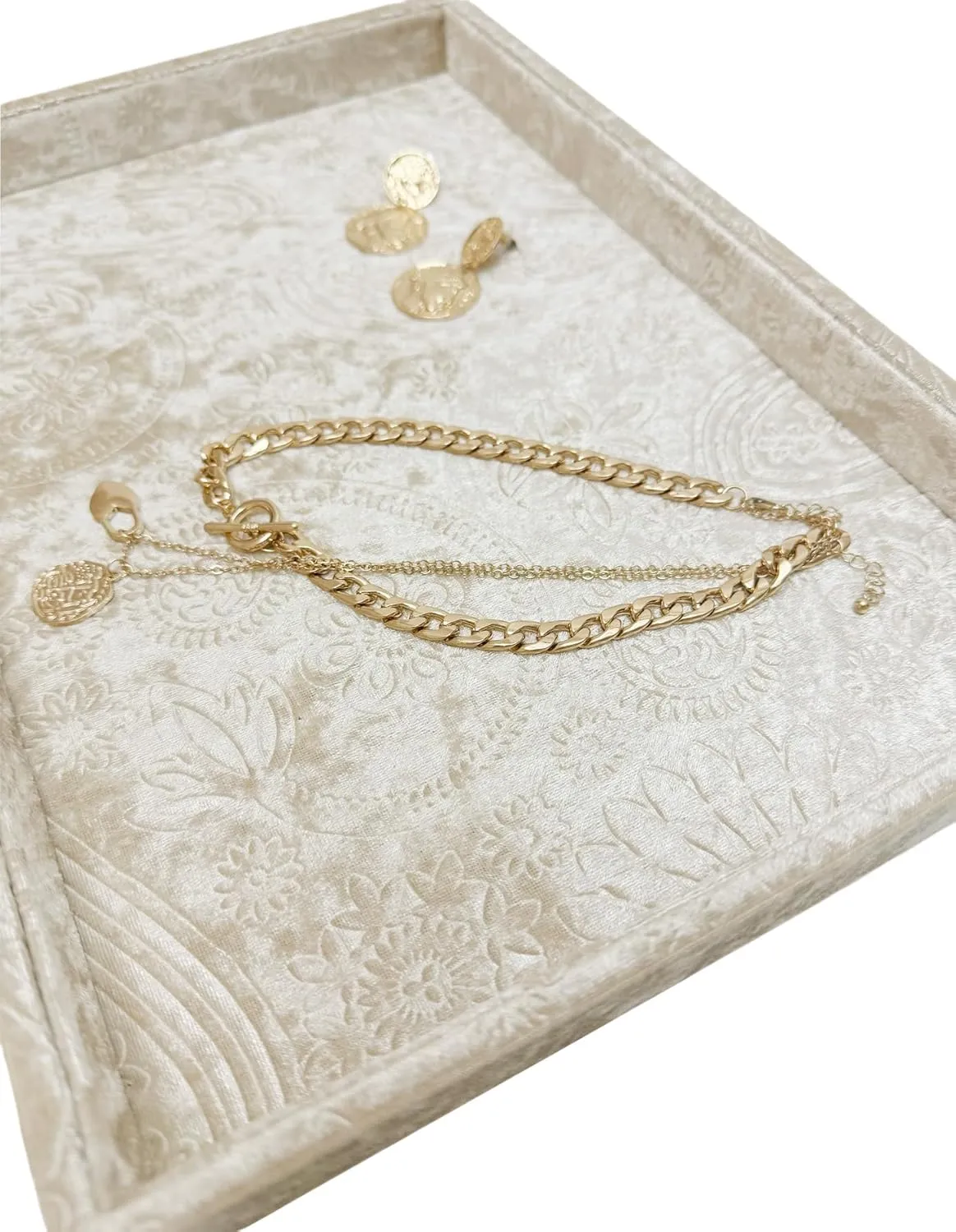 Keys.Luxury Extra Velour. (Embossging Beige Gold) Luxurious prodigious acidity Decorative Jewelry Tray,Commodity Display Board,Bedside Storage Tray for Eyeglasses Phone Watch Bracelet Earring 