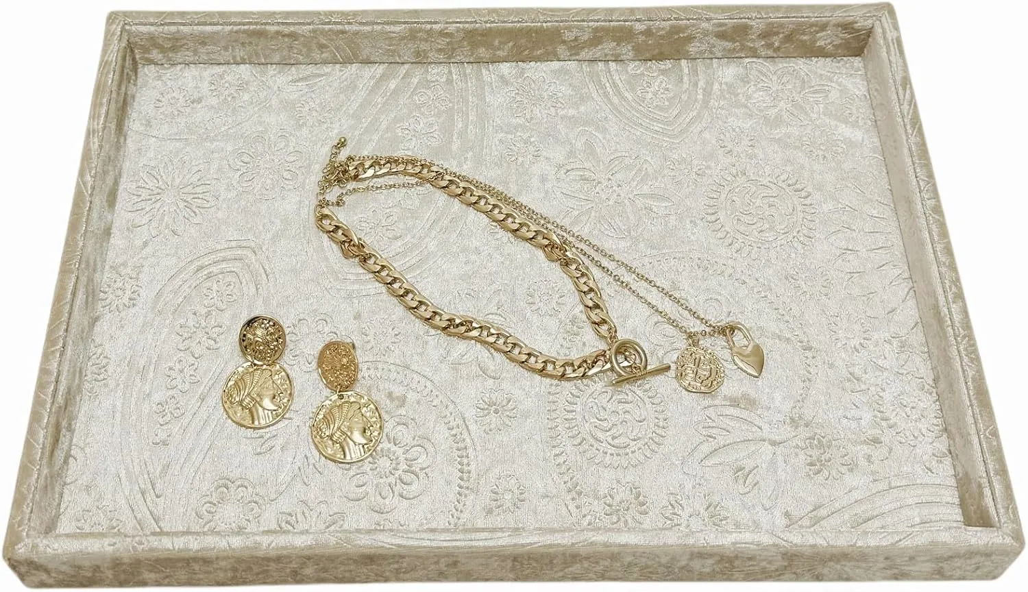 Keys.Luxury Extra Velour. (Embossging Beige Gold) Luxurious prodigious acidity Decorative Jewelry Tray,Commodity Display Board,Bedside Storage Tray for Eyeglasses Phone Watch Bracelet Earring 