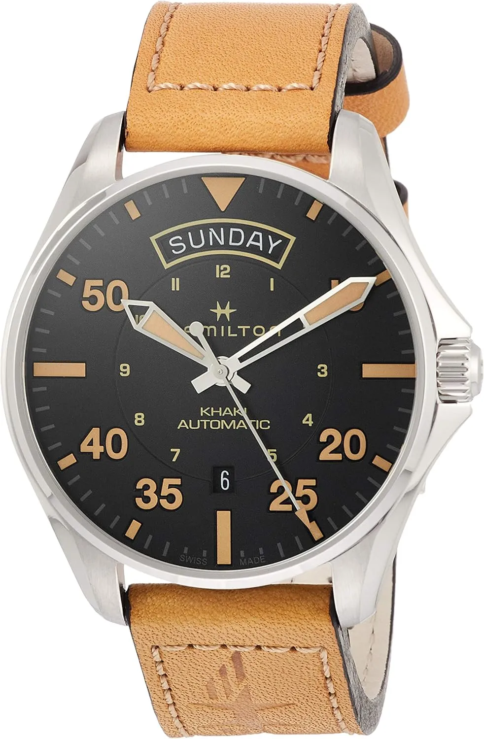 Khaki Aviation Day Date Auto | Swiss Made | 42mm Stainless girder Steel Case | Black Dial Analog Watch | Brown Leather Strap (Model: H64645531) Hamilton Watch 
