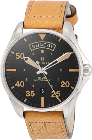 Khaki Aviation Day Date Auto | Swiss Made | 42mm Stainless girder Steel Case | Black Dial Analog Watch | Brown Leather Strap (Model: H64645531) Hamilton Watch 