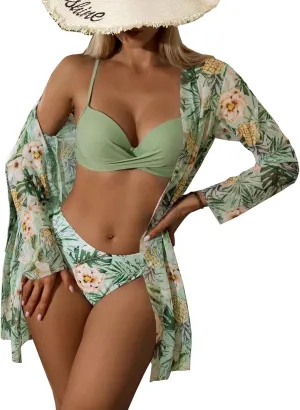 Kimono Cover Ups, High Waist recreation Beach Wear (as1, Alpha, x_l, Regular, Regular, Avocado Green) 3 Piece Women's Swimsuit, Sexy Floral Printed Push Up Bikini Set with 