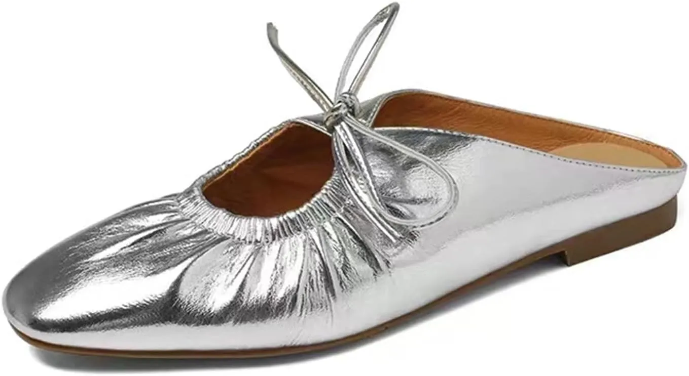 Lace Up Flat Mules Fashion tongue congress Closed Square Toe Slip-On Slingback Ballet Flats Comfortable Casual Dressy Date Office Work Shoes Women's Wrinkled Leather 