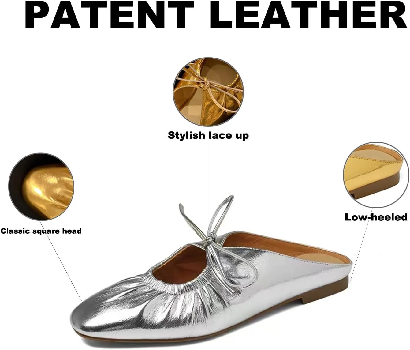 Lace Up Flat Mules Fashion tongue congress Closed Square Toe Slip-On Slingback Ballet Flats Comfortable Casual Dressy Date Office Work Shoes Women's Wrinkled Leather 