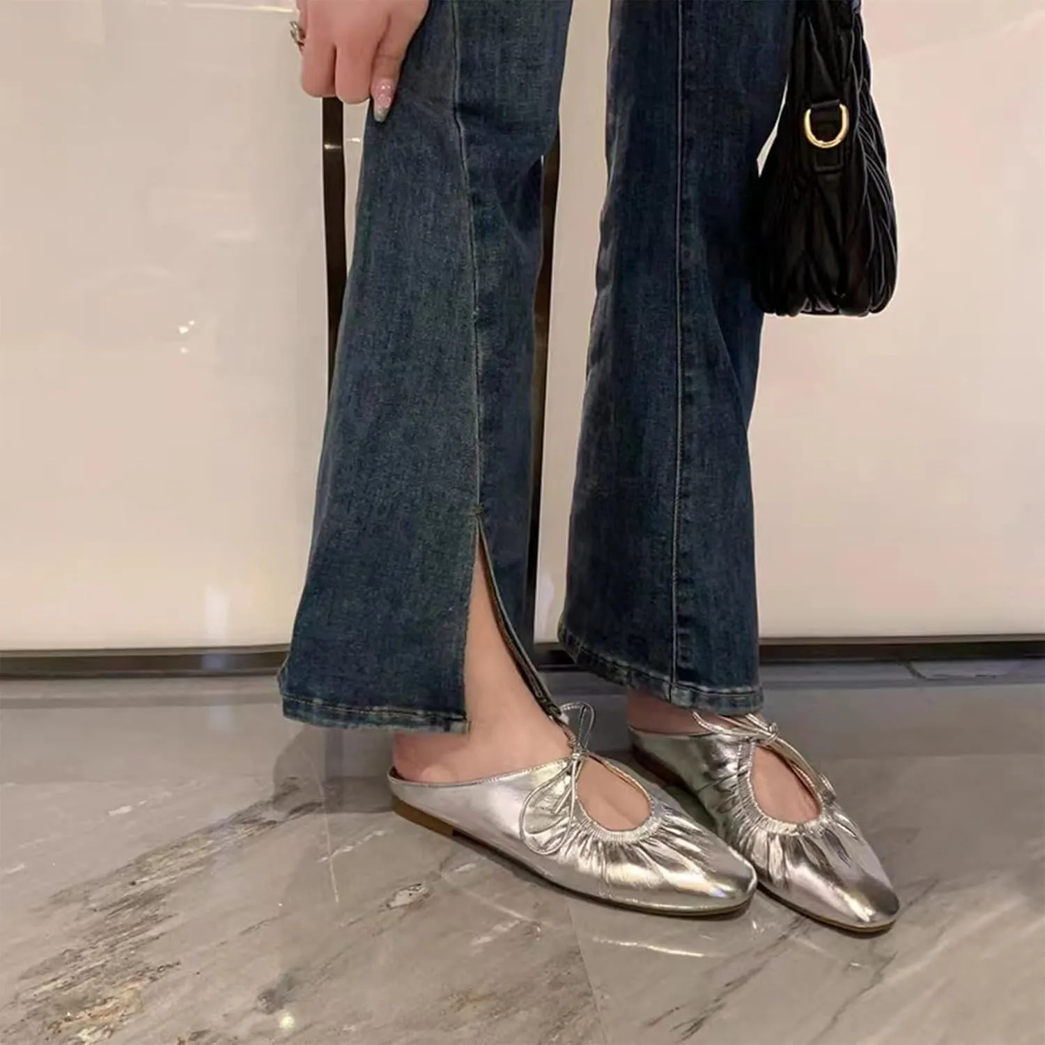 Lace Up Flat Mules Fashion tongue congress Closed Square Toe Slip-On Slingback Ballet Flats Comfortable Casual Dressy Date Office Work Shoes Women's Wrinkled Leather 