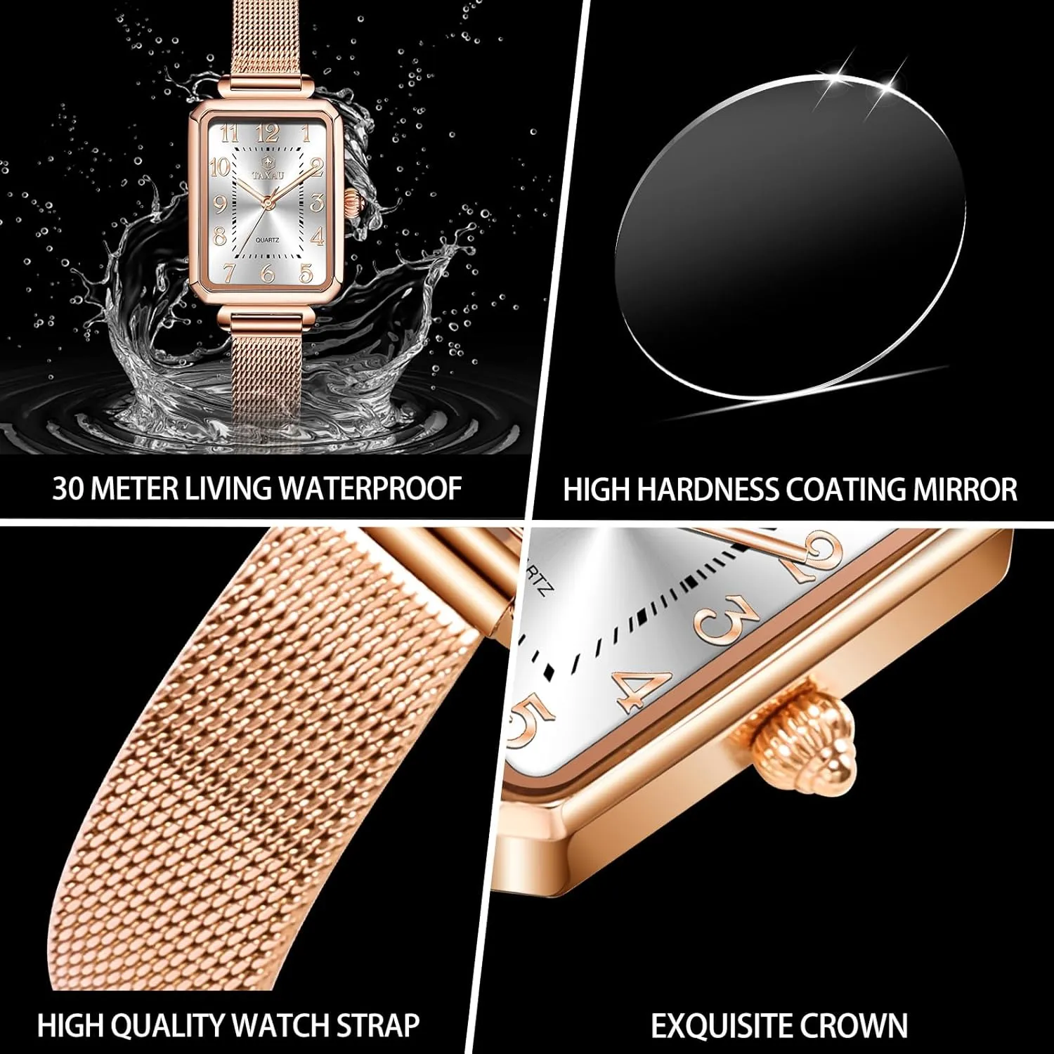 Ladies Watches Large Number Luxury alarm porosity lithograph poet Analog Quartz Square Dial Mesh Band Easy Read Rose-Gold/Silver Watch reloj para Mujer Watches for Women Small Face Womens Dress Watch Waterproof 