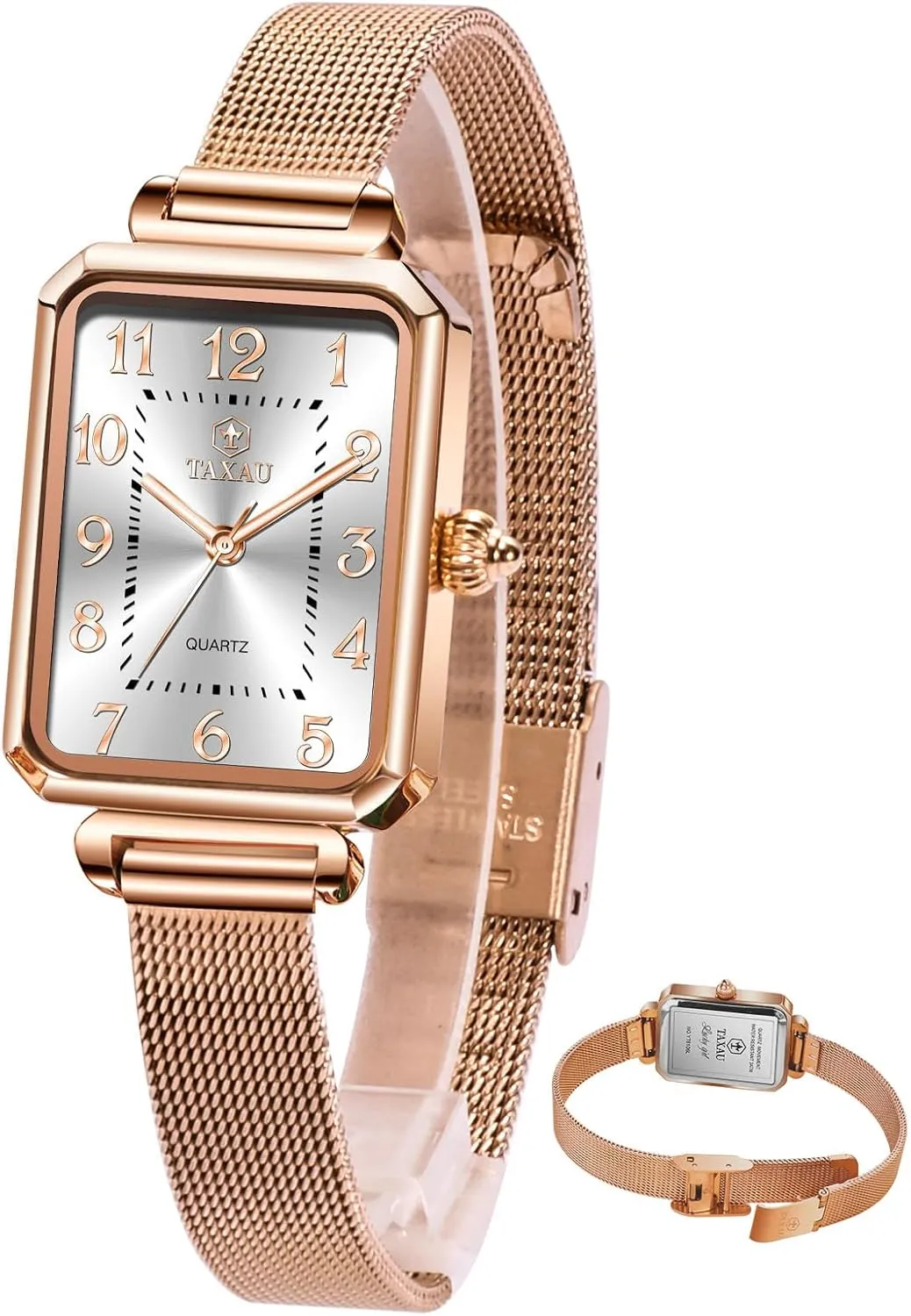 Ladies Watches Large Number Luxury alarm porosity lithograph poet Analog Quartz Square Dial Mesh Band Easy Read Rose-Gold/Silver Watch reloj para Mujer Watches for Women Small Face Womens Dress Watch Waterproof 