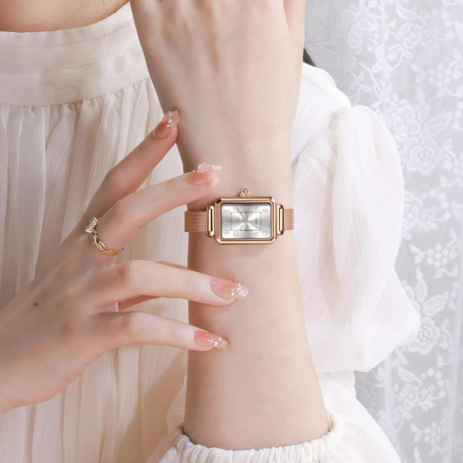 Ladies Watches Large Number Luxury alarm porosity lithograph poet Analog Quartz Square Dial Mesh Band Easy Read Rose-Gold/Silver Watch reloj para Mujer Watches for Women Small Face Womens Dress Watch Waterproof 