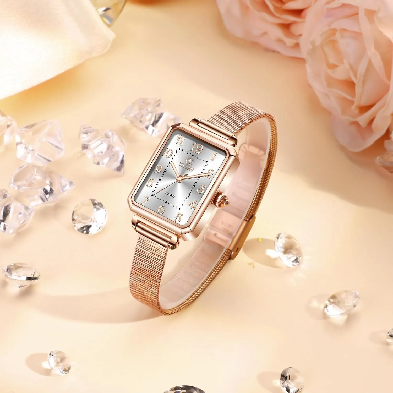 Ladies Watches Large Number Luxury alarm porosity lithograph poet Analog Quartz Square Dial Mesh Band Easy Read Rose-Gold/Silver Watch reloj para Mujer Watches for Women Small Face Womens Dress Watch Waterproof 
