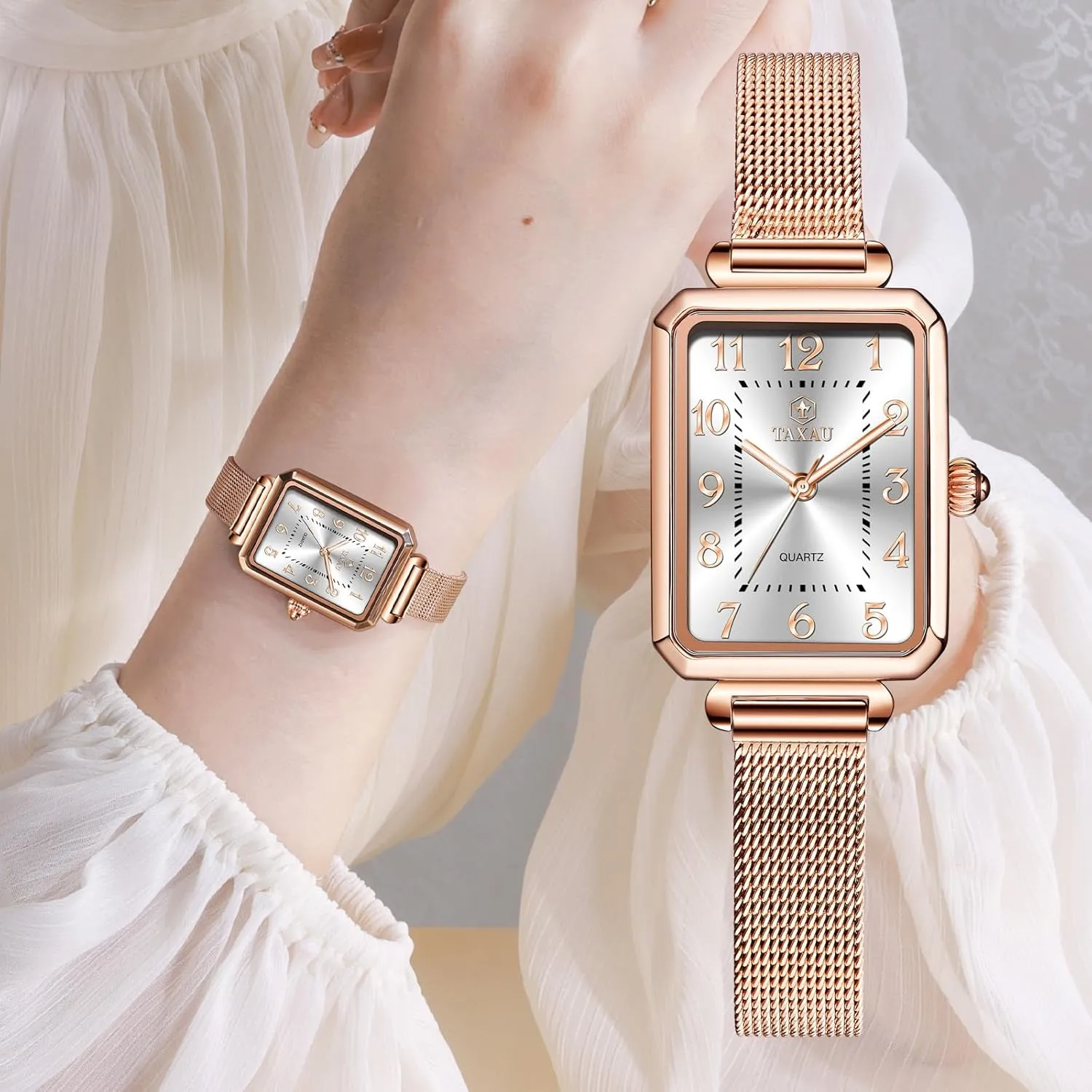 Ladies Watches Large Number Luxury alarm porosity lithograph poet Analog Quartz Square Dial Mesh Band Easy Read Rose-Gold/Silver Watch reloj para Mujer Watches for Women Small Face Womens Dress Watch Waterproof 