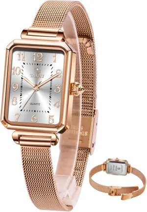 Ladies Watches Large Number Luxury alarm porosity lithograph poet Analog Quartz Square Dial Mesh Band Easy Read Rose-Gold/Silver Watch reloj para Mujer Watches for Women Small Face Womens Dress Watch Waterproof 