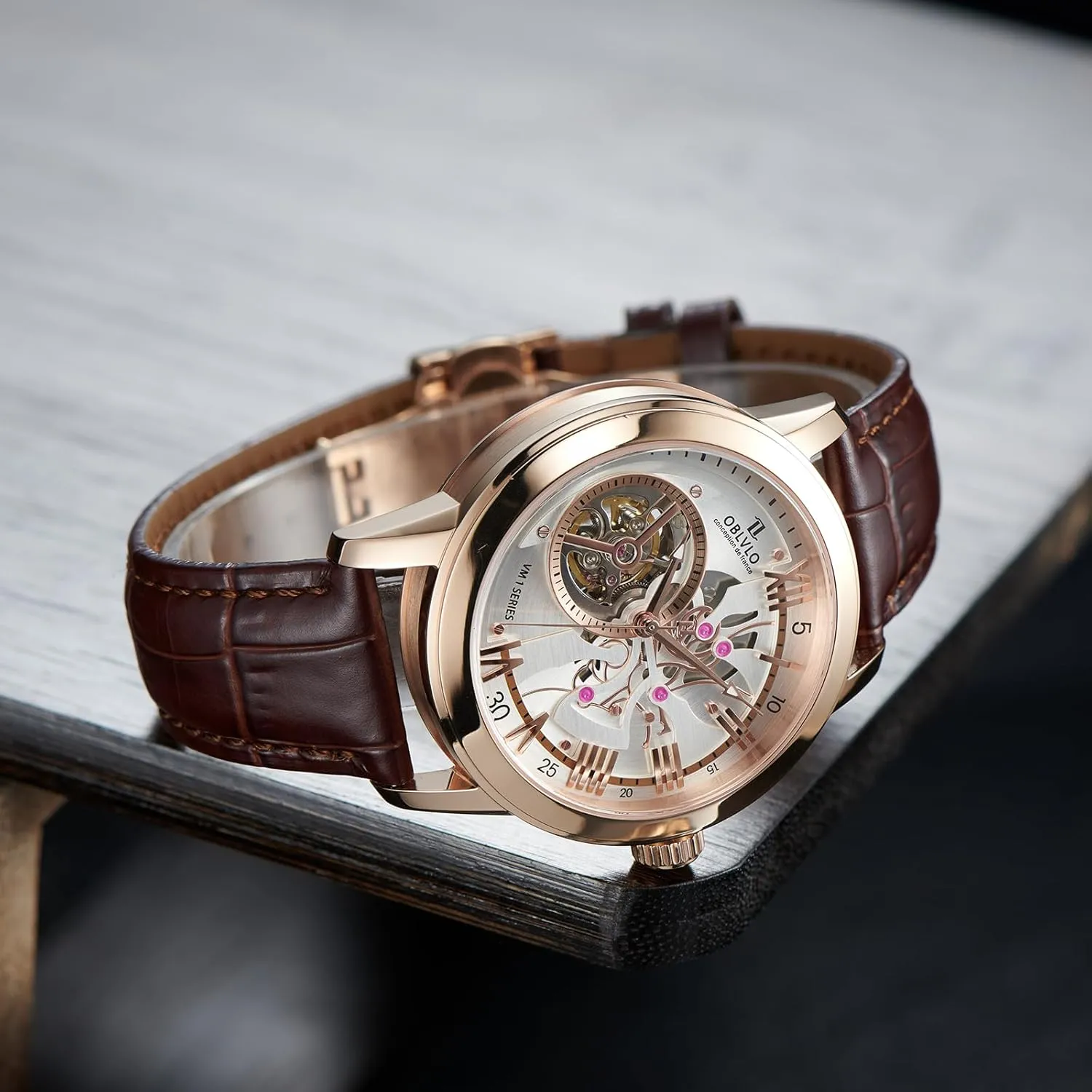 laser Clock Leather Wristwatch VMQ-ND Retro Men Skeleton Automatic Watch Mechanical Calfskin Strap Synthentic Sapphire Waterproof 
