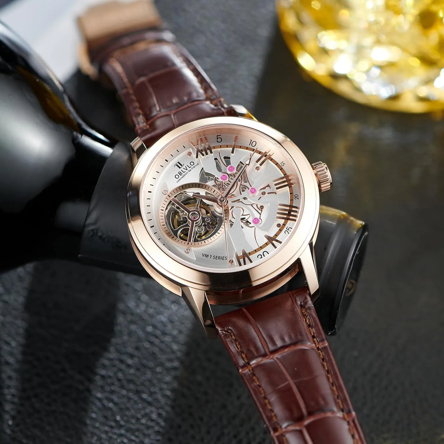 laser Clock Leather Wristwatch VMQ-ND Retro Men Skeleton Automatic Watch Mechanical Calfskin Strap Synthentic Sapphire Waterproof 