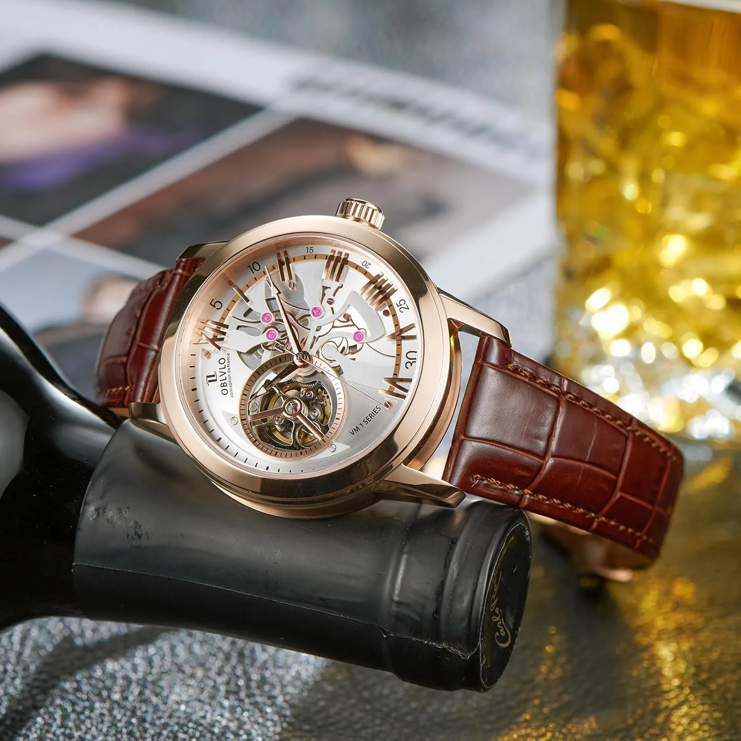 laser Clock Leather Wristwatch VMQ-ND Retro Men Skeleton Automatic Watch Mechanical Calfskin Strap Synthentic Sapphire Waterproof 