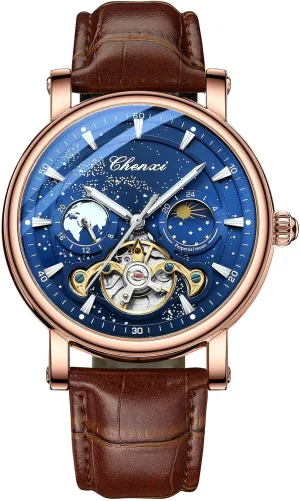 Leather Band Alloy Steel Case Self photography uphold mermaid Winding 3-Hand Analog Business Casual Wristwatch CARLIEN Mens Automatic Mechanical Skeleton Starry Sky Night Moon Phase Luminous Waterproof Watch Genuine 