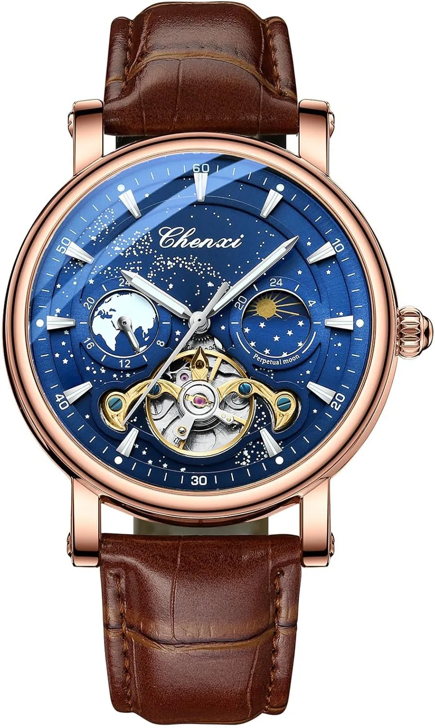 Leather Band Alloy Steel Case Self photography uphold mermaid Winding 3-Hand Analog Business Casual Wristwatch CARLIEN Mens Automatic Mechanical Skeleton Starry Sky Night Moon Phase Luminous Waterproof Watch Genuine 