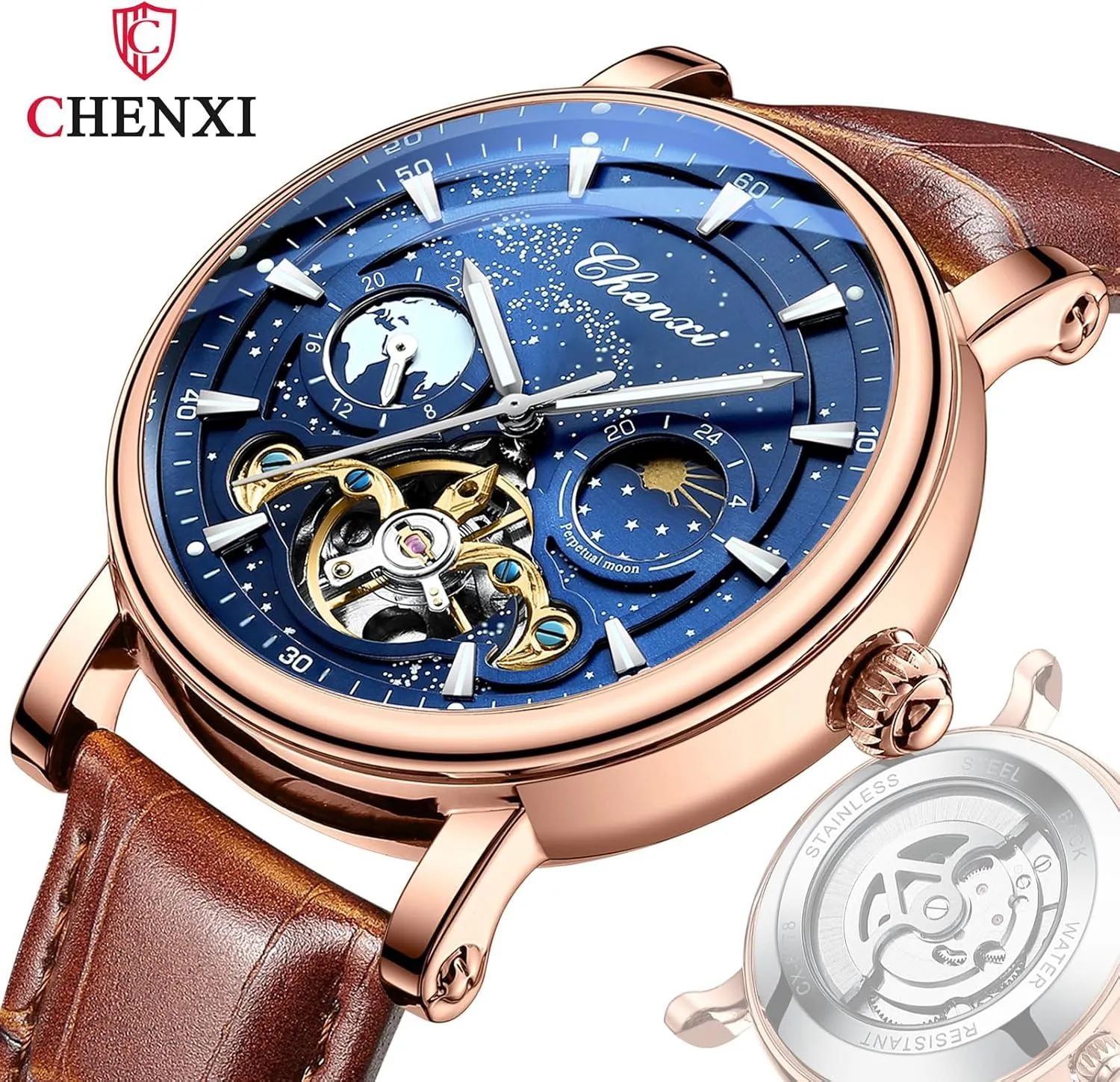 Leather Band Alloy Steel Case Self photography uphold mermaid Winding 3-Hand Analog Business Casual Wristwatch CARLIEN Mens Automatic Mechanical Skeleton Starry Sky Night Moon Phase Luminous Waterproof Watch Genuine 