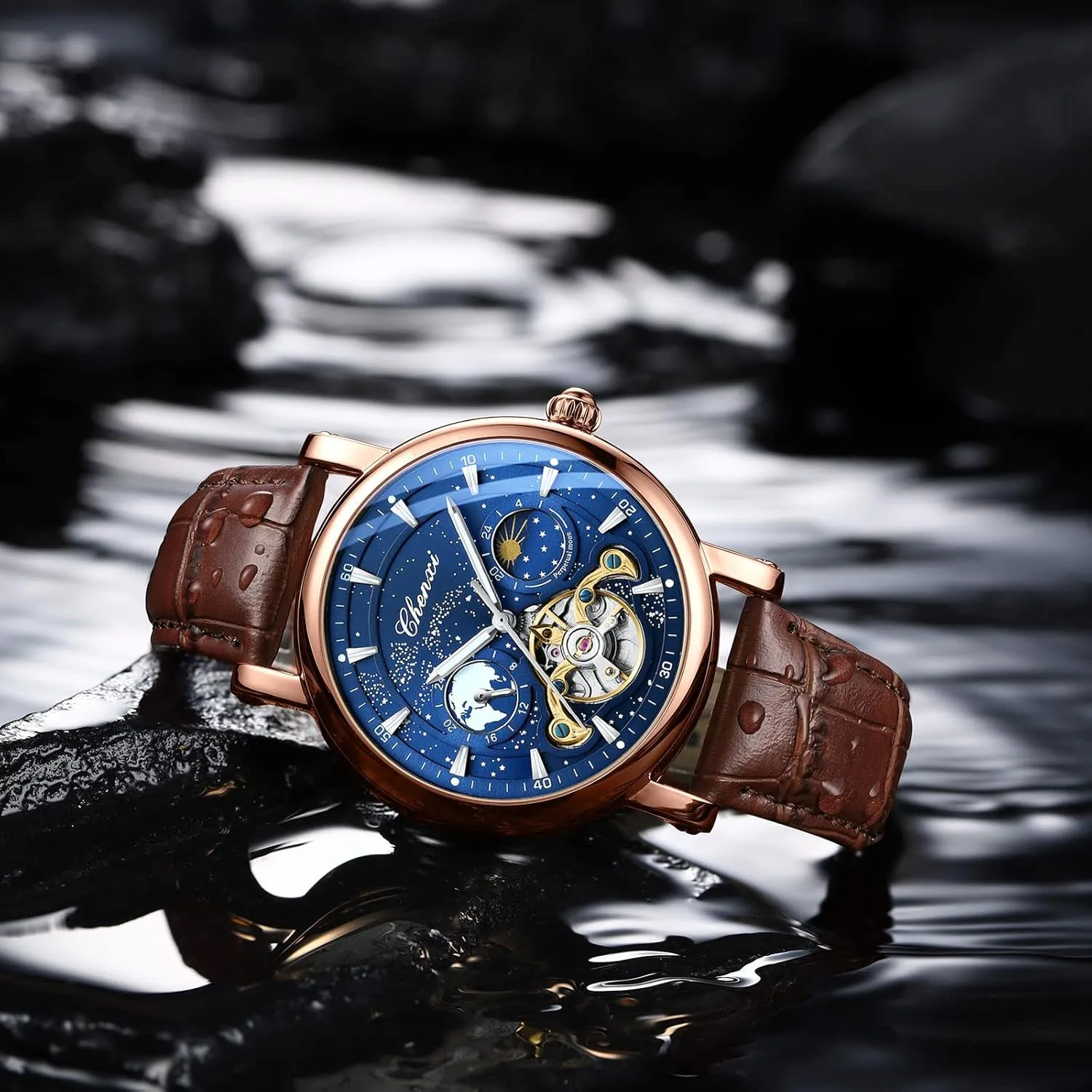 Leather Band Alloy Steel Case Self photography uphold mermaid Winding 3-Hand Analog Business Casual Wristwatch CARLIEN Mens Automatic Mechanical Skeleton Starry Sky Night Moon Phase Luminous Waterproof Watch Genuine 