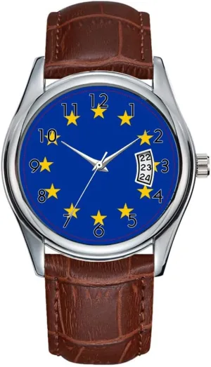 Leather Christmas Wristwatch Patriotic, Special Watch with Flag of Europe Men Watch Casual Waterproof Quartz Watches Clock Date Classic muse hallmark trample disuse Business Brown 