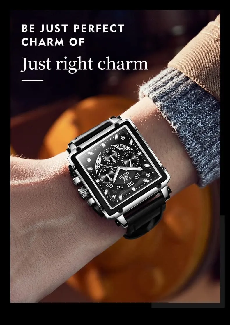 Leather Chronograph Fashion Business Watch Luminous Waterproof Casual Wrist Watches OLEVS Square Watches austere for Men Brown 