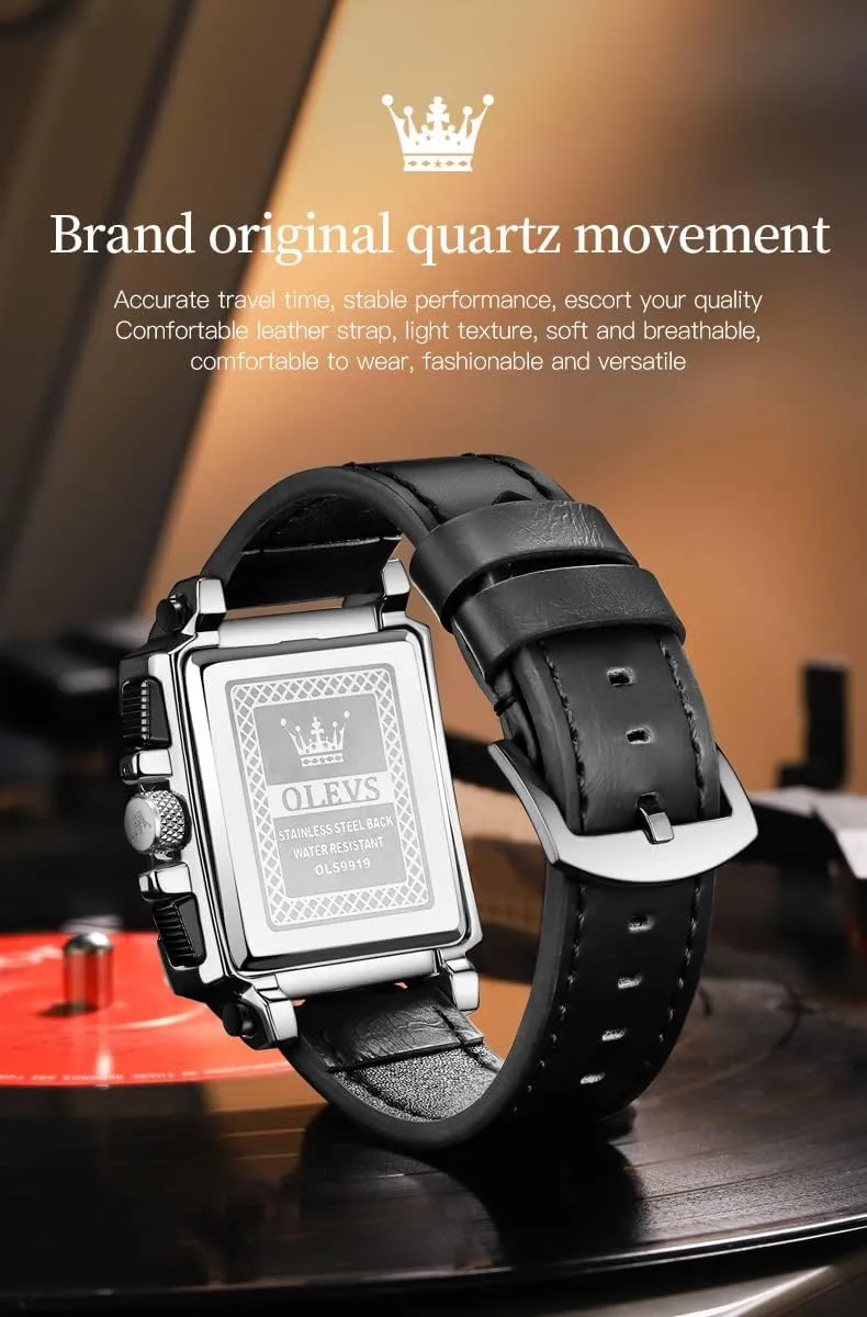 Leather Chronograph Fashion Business Watch Luminous Waterproof Casual Wrist Watches OLEVS Square Watches austere for Men Brown 