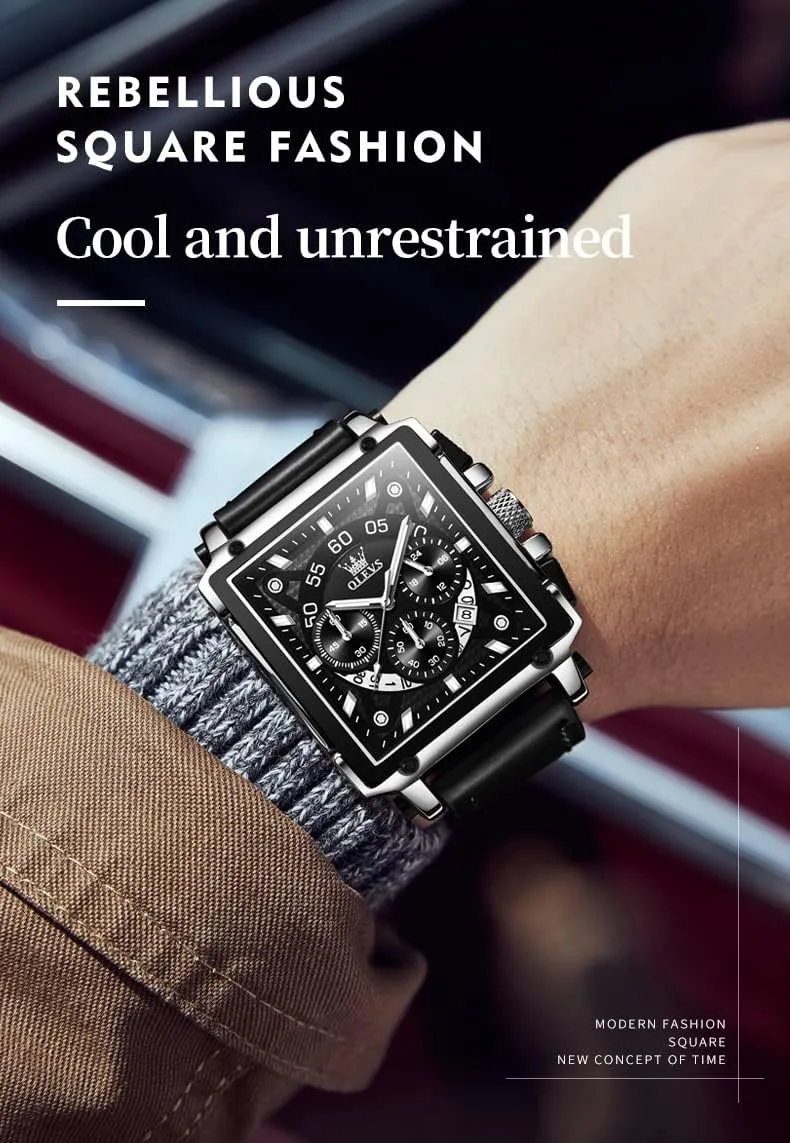 Leather Chronograph Fashion Business Watch Luminous Waterproof Casual Wrist Watches OLEVS Square Watches austere for Men Brown 