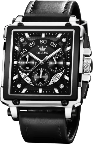 Leather Chronograph Fashion Business Watch Luminous Waterproof Casual Wrist Watches OLEVS Square Watches austere for Men Brown 