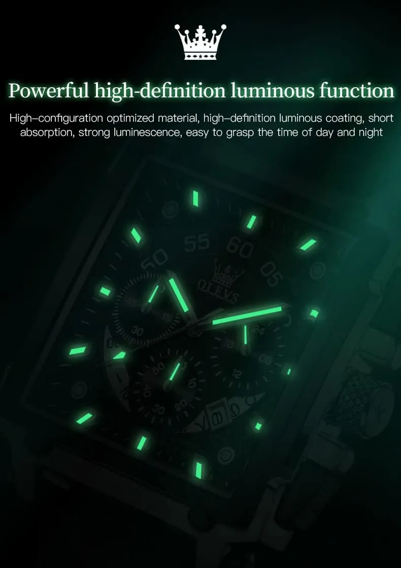 Leather Chronograph Fashion Business Watch Luminous Waterproof Casual Wrist Watches OLEVS Square Watches austere for Men Brown 