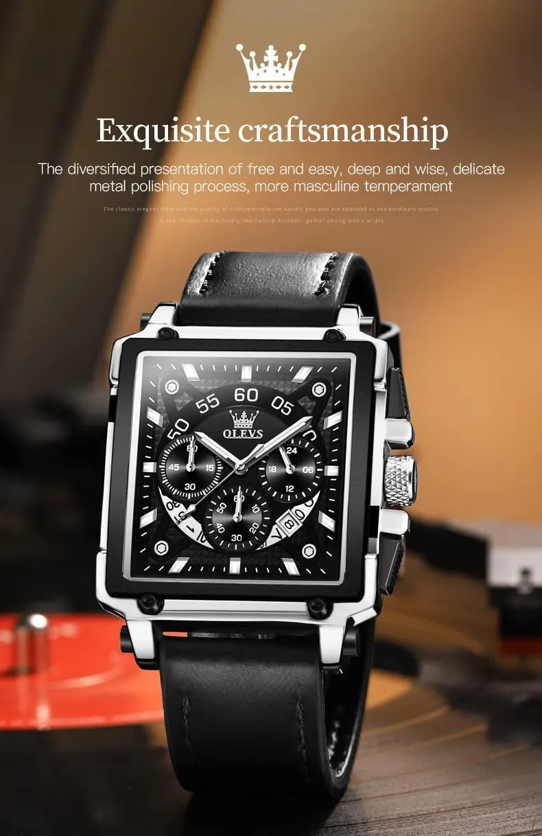 Leather Chronograph Fashion Business Watch Luminous Waterproof Casual Wrist Watches OLEVS Square Watches austere for Men Brown 
