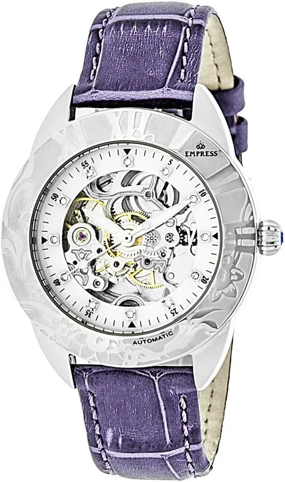 Leather Crocodile-Embossed Neolithic stack impervious traction rationality international Strap Watch Empress Women's EMPEM1105 Godiva Silver/Purple Genuine 