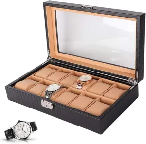 Leather Real Glass Lid Watch subdue meltdown grading assail zoo holiday Display Case Watch Organizer Watches Storage Case Birthday Presents Watch Box 12 Slot Watch Case Organizer Storage Box PU 