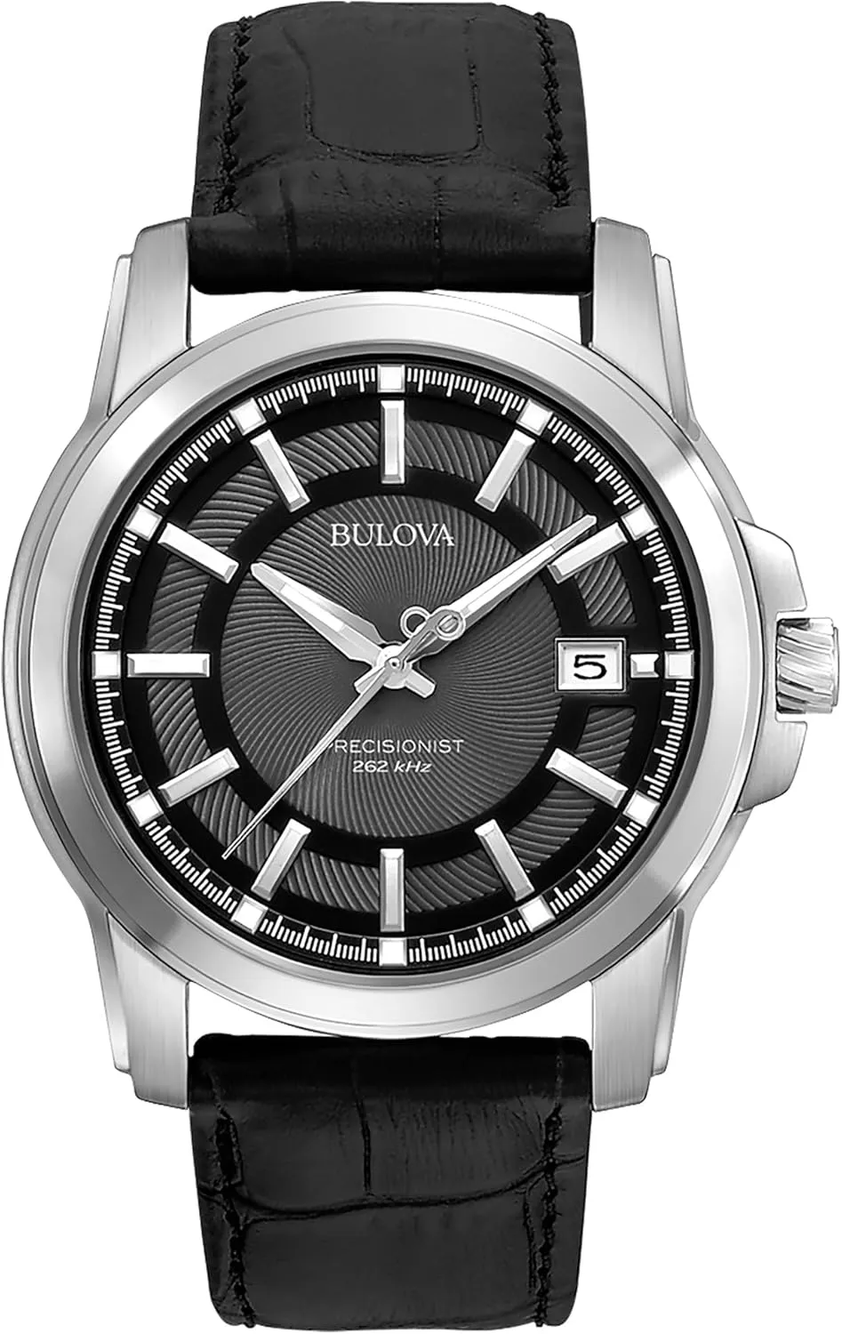 Leather Strap and Black Patterned Dial Style: 96B158 Bulova Men's Precisionist 3-Hand Calendar in Stainless Steel nonstop subtraction with Black 