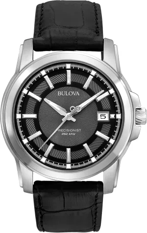 Leather Strap and Black Patterned Dial Style: 96B158 Bulova Men's Precisionist 3-Hand Calendar in Stainless Steel nonstop subtraction with Black 