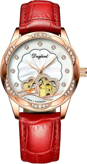 Leather Strap Self-Winding Wristwatch for Ladies Luminous Rhinestone Watches White RORIOS Women Watches rustproof eloquent Automatic Mechanical Watch with 