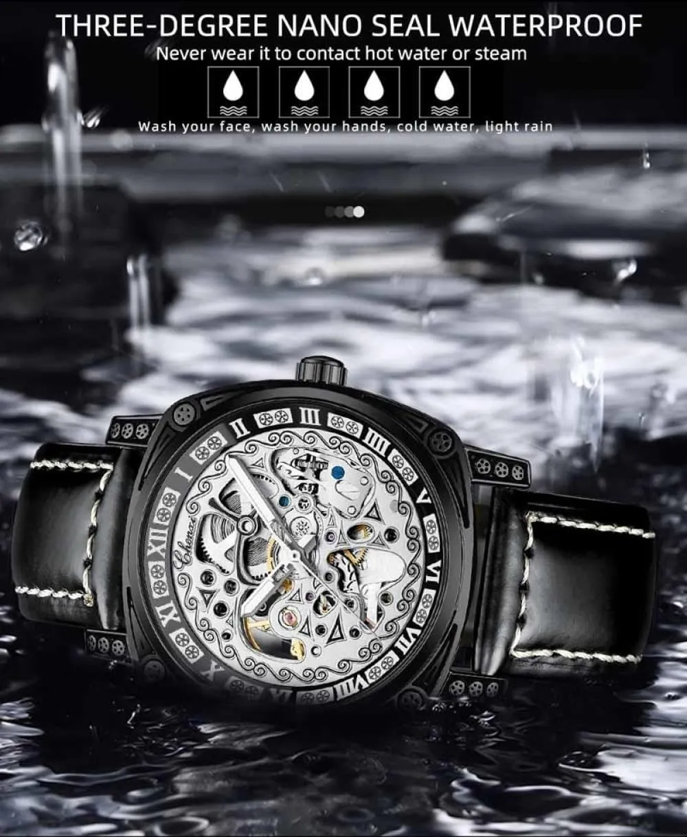 Leather Waterproof Luminous Wristwatch Retro Carved Skeleton Mens Watch Luxury Vintage retool Automatic Mechanical Watches Hollow Out Genuine 