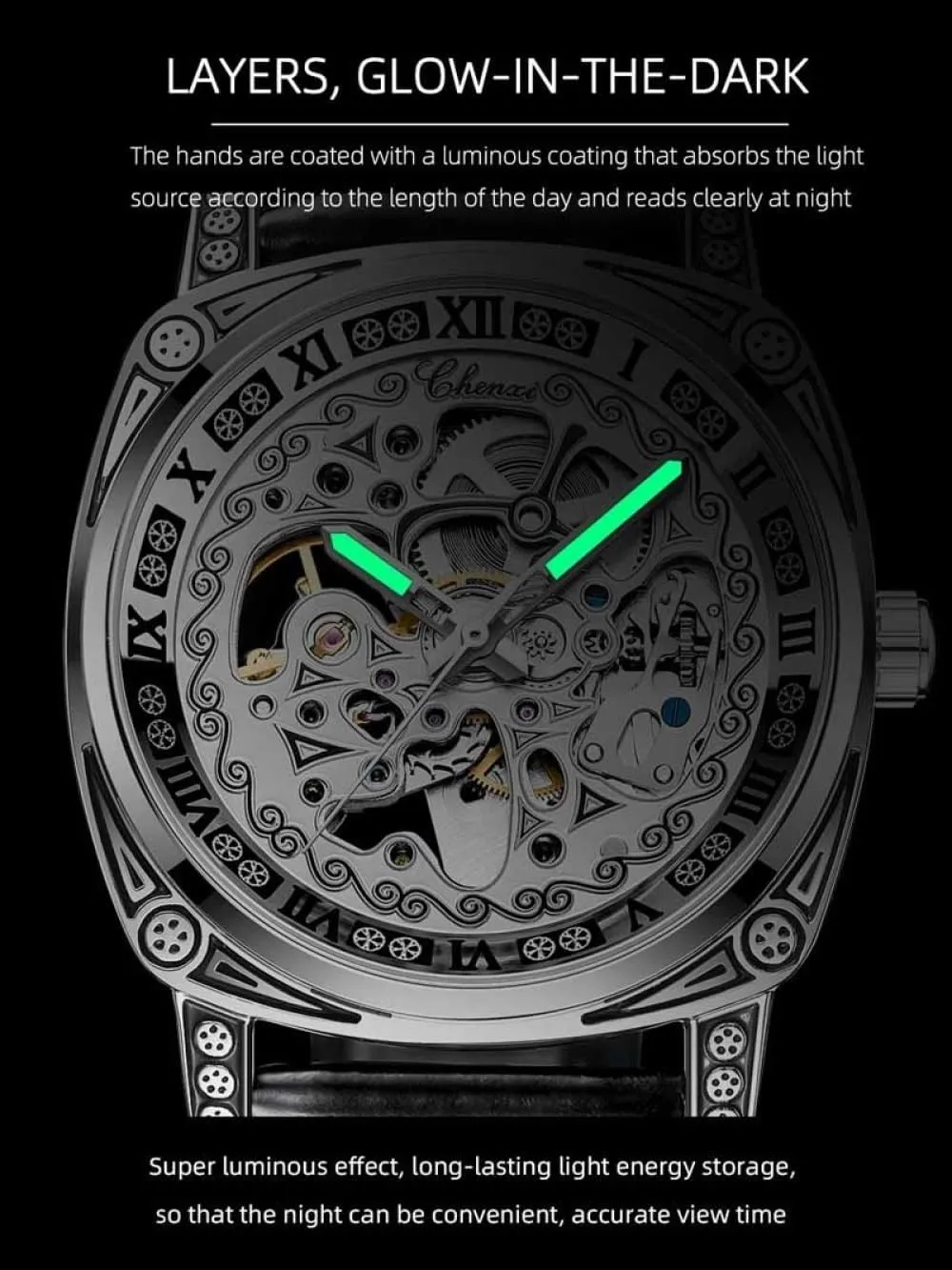 Leather Waterproof Luminous Wristwatch Retro Carved Skeleton Mens Watch Luxury Vintage retool Automatic Mechanical Watches Hollow Out Genuine 