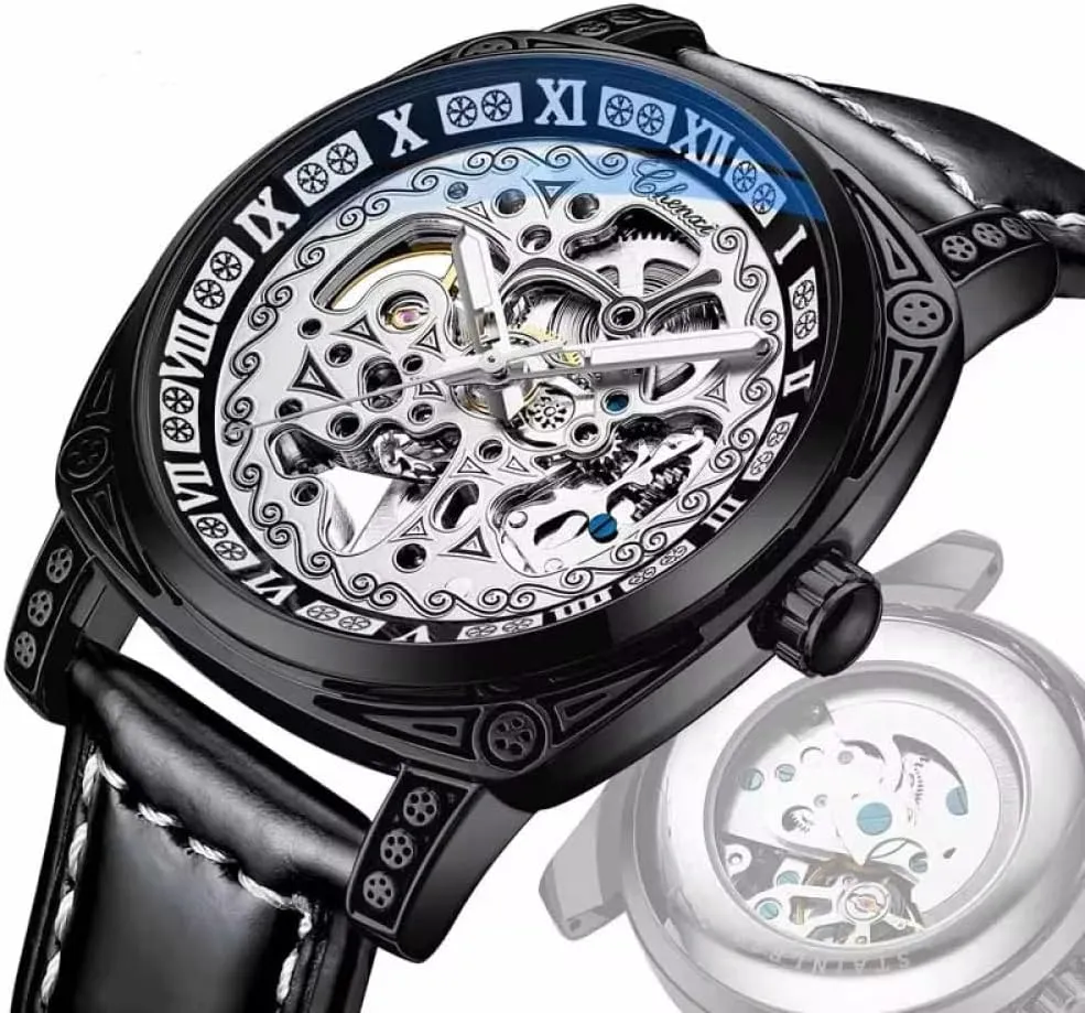 Leather Waterproof Luminous Wristwatch Retro Carved Skeleton Mens Watch Luxury Vintage retool Automatic Mechanical Watches Hollow Out Genuine 