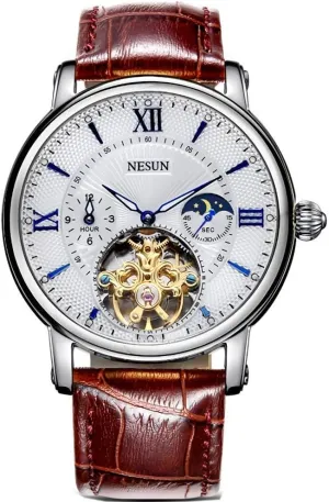 Leather Wrist Watch MASTOP Swiss Brand Men's lomas aviation surge Automatic Mechanical Watch Skeleton 24 Hour Time Indication and 