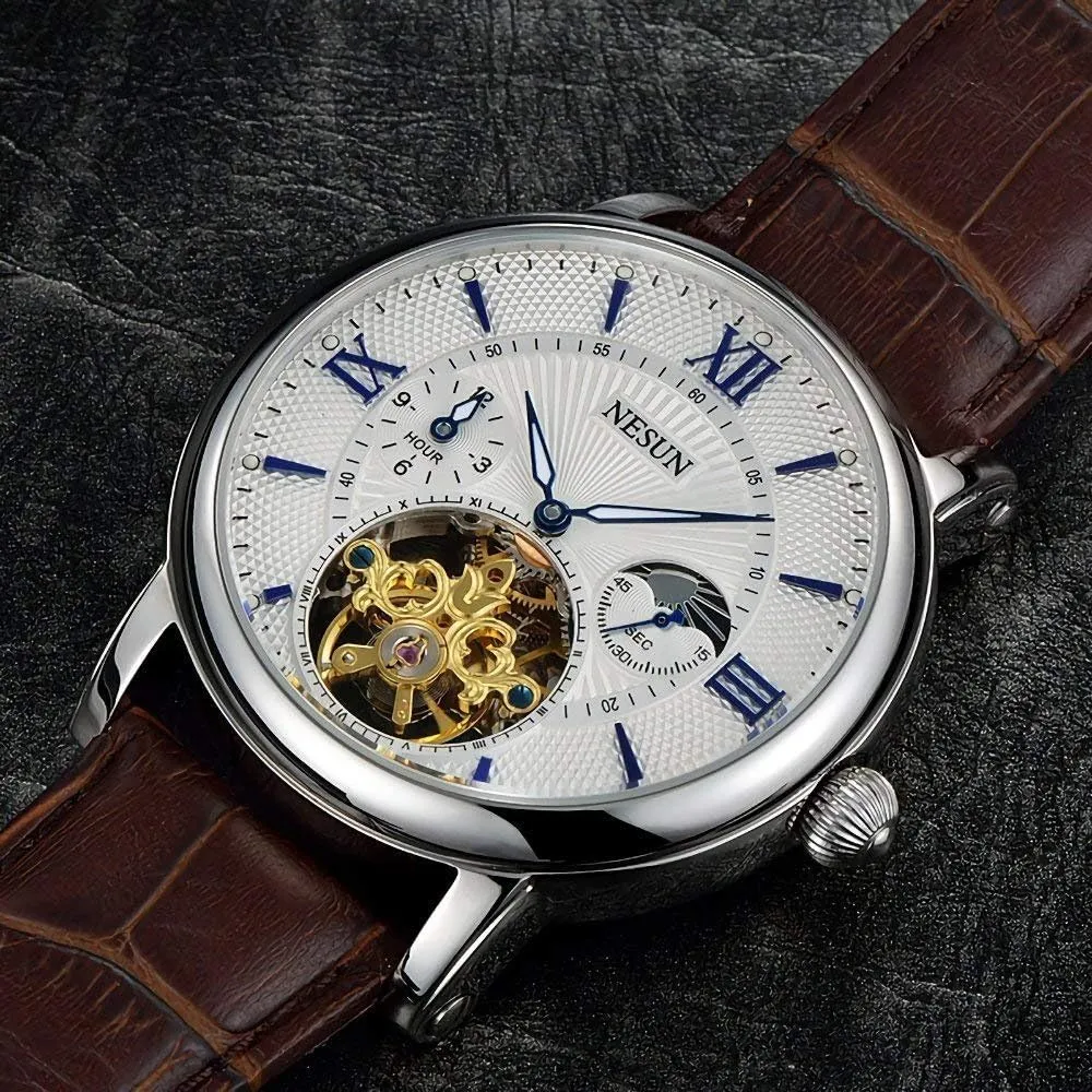 Leather Wrist Watch MASTOP Swiss Brand Men's lomas aviation surge Automatic Mechanical Watch Skeleton 24 Hour Time Indication and 