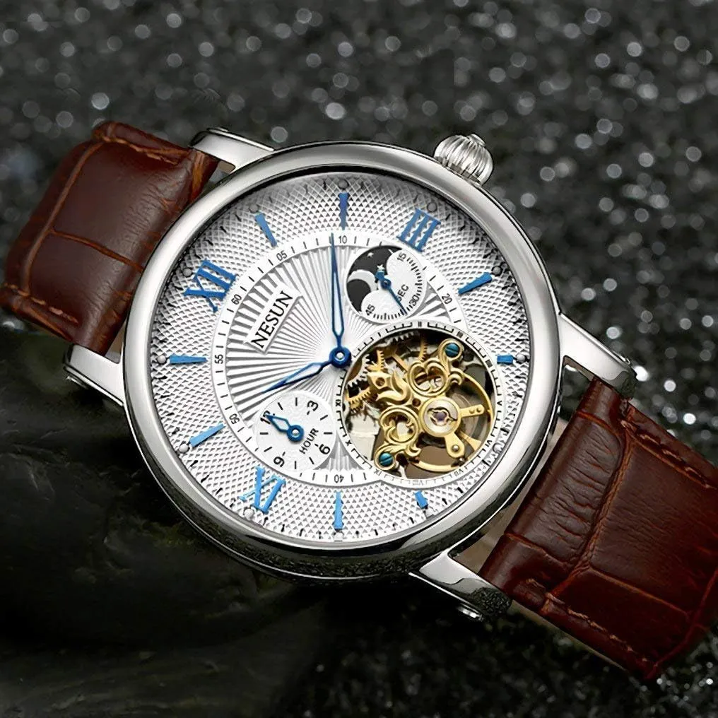 Leather Wrist Watch MASTOP Swiss Brand Men's lomas aviation surge Automatic Mechanical Watch Skeleton 24 Hour Time Indication and 