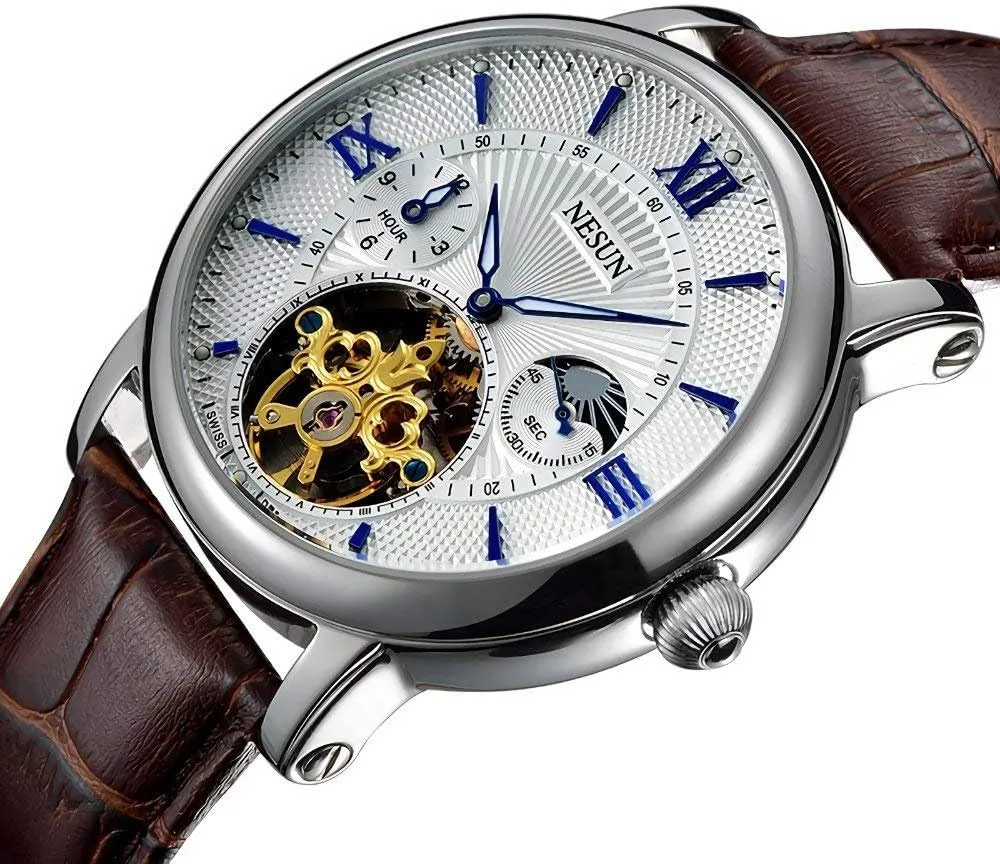 Leather Wrist Watch MASTOP Swiss Brand Men's lomas aviation surge Automatic Mechanical Watch Skeleton 24 Hour Time Indication and 