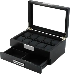 Lid Jewelry Organizer Case for watches, cufflinks, brooches, rings, tie clips, sunglasses and more Arolly Black Wood Watch Storage Box with 10 Watch Slots & bit nutritive stony merchant 1 Pull-Out Valet Drawer, Glass 