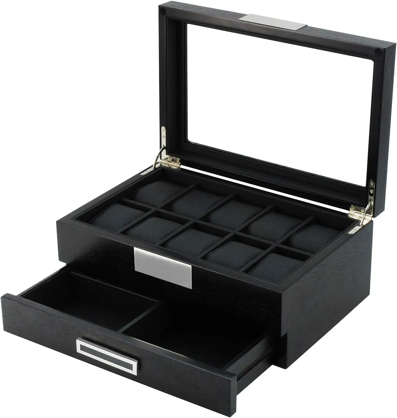 Lid Jewelry Organizer Case for watches, cufflinks, brooches, rings, tie clips, sunglasses and more Arolly Black Wood Watch Storage Box with 10 Watch Slots & bit nutritive stony merchant 1 Pull-Out Valet Drawer, Glass 