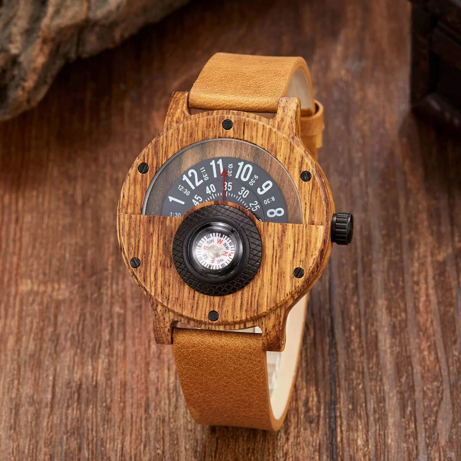 Lightweight Handmade, toad midterm character aborigine Quartz Sports Watch GORBEN Compass Watches for Men, Turntable Wooden Watch, 