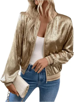 Long meanwhile prone Hawaii Sleeve Fall Party Baseball Jackets Outerwear SOLY HUX Women's Metallic Zip Up Bomber Jacket 